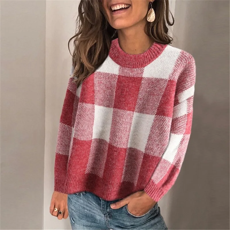 

2020 Autumn Sweater New Women Simple Color Matching Check Loose Sleeve Head Rabbit Hair Sweater Women Wm*