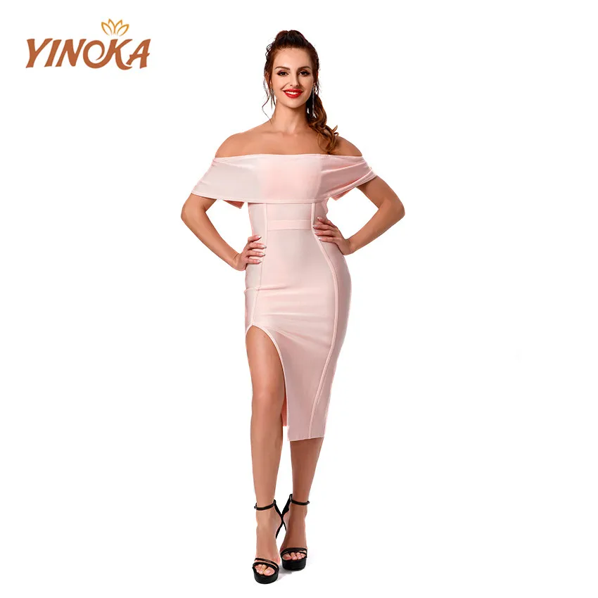 

Женское облегающее платье Yinoka, без бретелек, с открытыми плечами, длиной до колена, элегантное, вечернее, коктейльное, клубная одежда