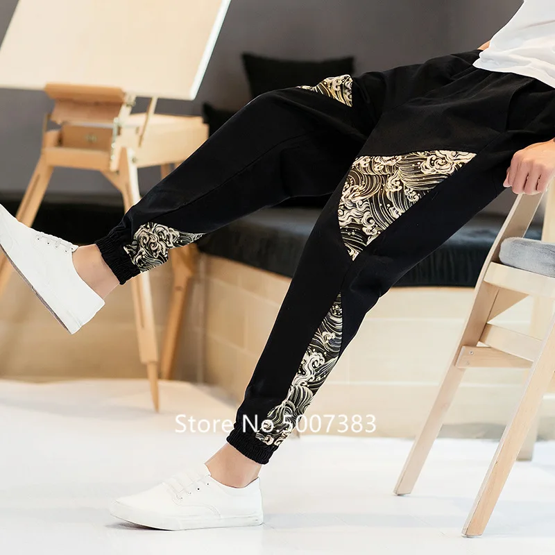 New Japanese Style Kanagawa Linen Loose Feet Pants Large Size Fashion Men's Printed Harem Trousers Elastic Waist Plus | Тематическая