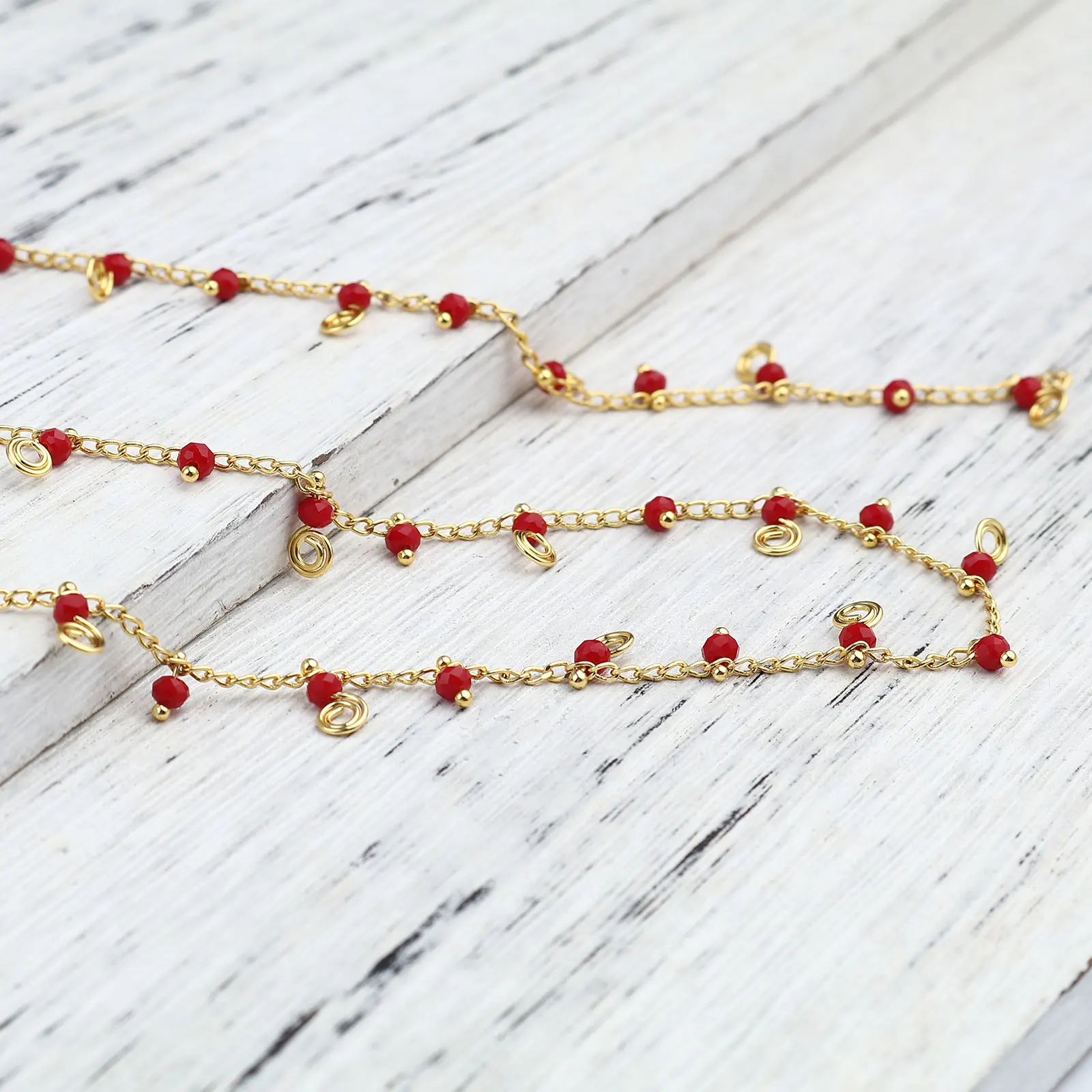Позолоченная цепочка длиной 1 м из меди и кристаллов круглая красная винтажная