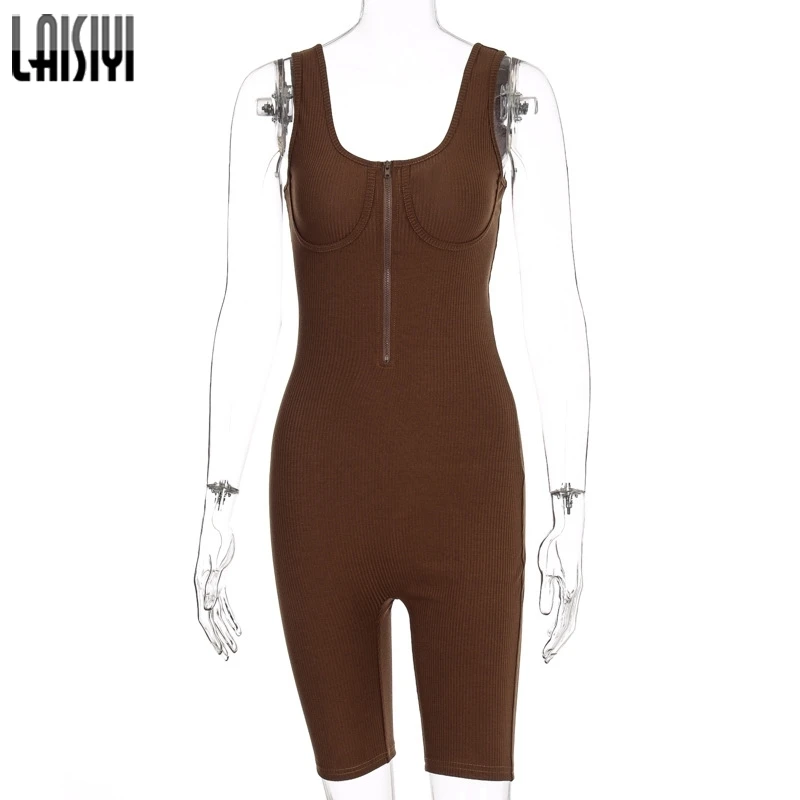 

LAISIYI Zipper V-Neck Playsuit Women Sleeveless Summer Fitness Solid Cotton Slim Elastic Jumpsuit Women Fashion Rompers Sexy