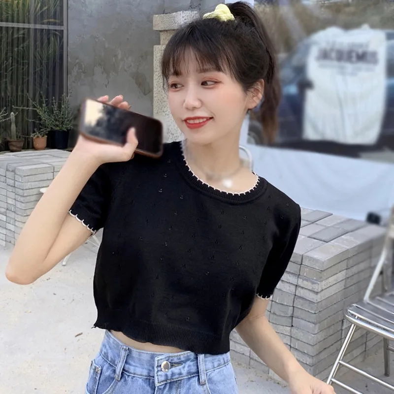 

Short Style Sweet Women Slim-fit Short-sleeved Tshirt Round-neck Sexy Hollow Out Knitted Female Summer Tee Top
