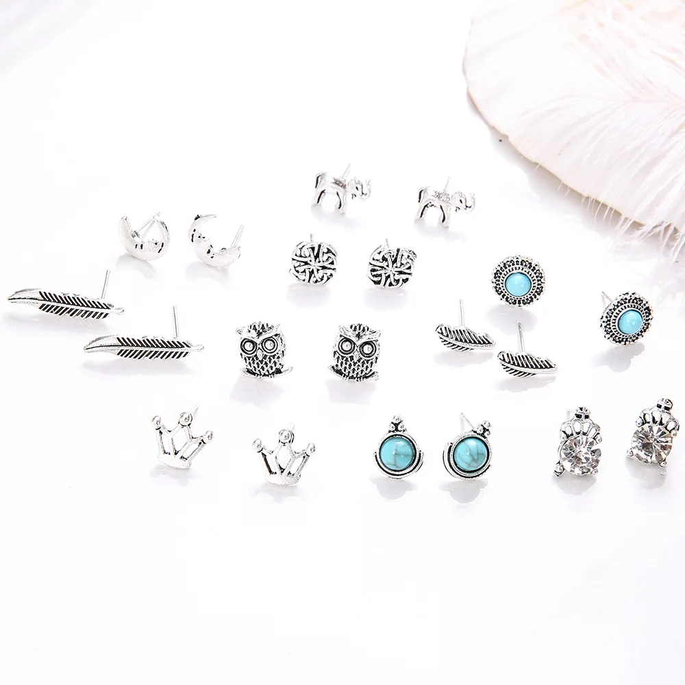 

10 Pairs Vintage Animal Elephant Leaf Owl Ear Studs Earrings Set