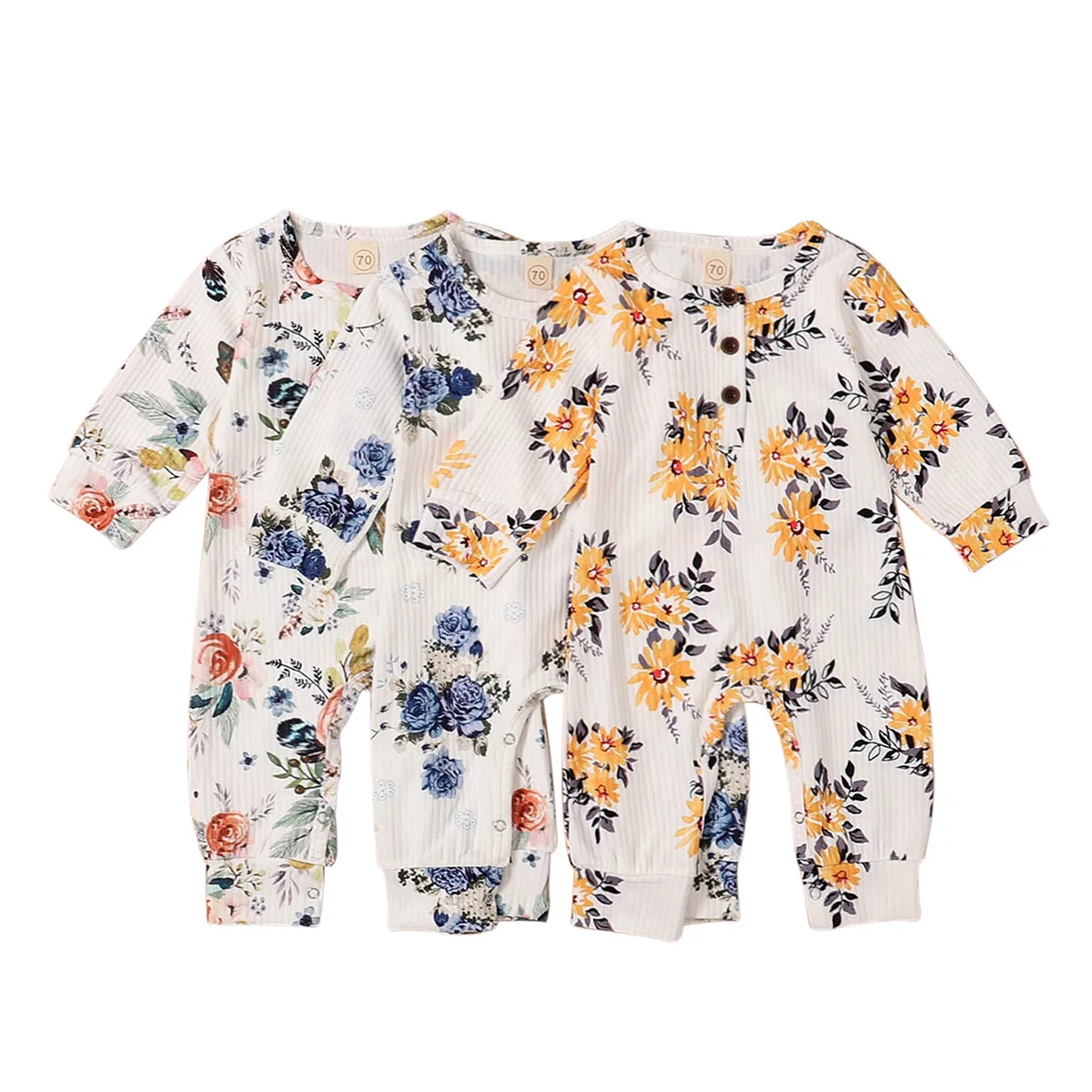 

2020 Autumn Newborn Baby Girls Clothing Floral Print Long Sleeve Round Neck Rompers Single-breasted Cotton Warm Jumpsuits 0-18M