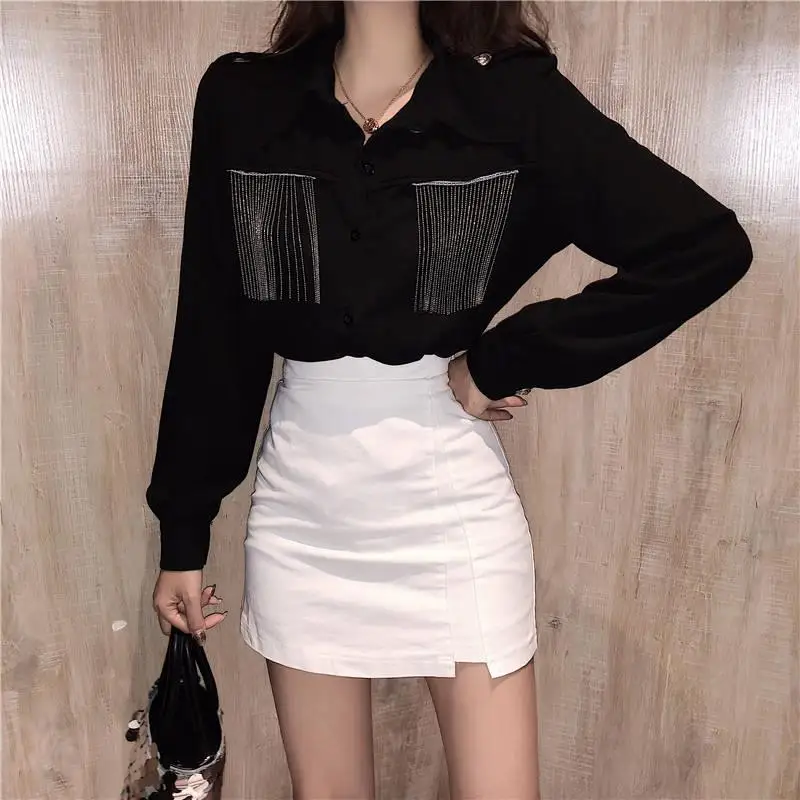 Женская Повседневная рубашка с длинными рукавами отложным воротником и бахромой