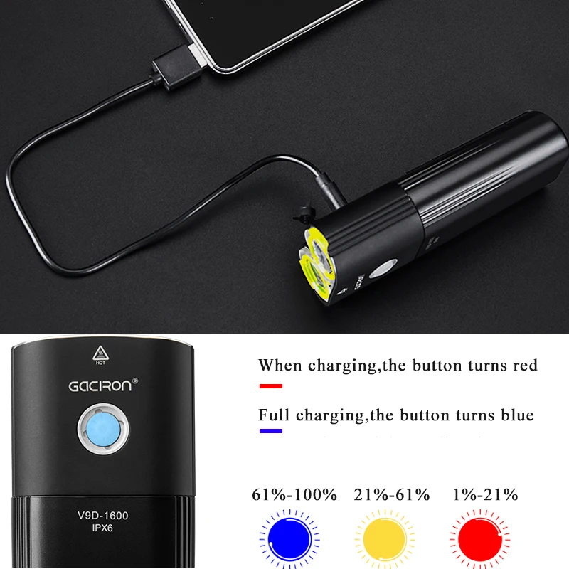 Велосипедный светильник GACIRON, заряжаемый от USB, велосипедный передний головной светильник, велосипедный флэш-светильник, IPX6, водонепроницаемый, 5000 мА/ч, 1600 люмен, светодиодный, 6 режимов