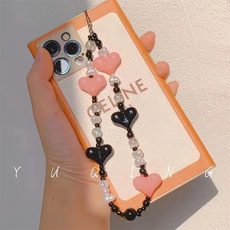 

Sweet Heart-Shaped Beaded Mobile Phone Chain Geometric Design Acrylic Rice Beads Anti-Lost Hanging Chain Women's Jewelry Gift