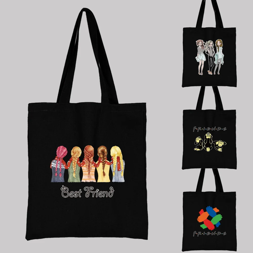 

Women's Shopping Bag Reusable Casual Black Shoulder Bag Friends Pattern Printed Canvas Commuter Portable Large-capacity Handbag