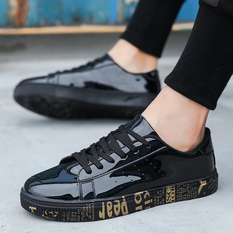 

New Patent Leather Shoes For Men Gold Glossy Graffiti Casual Shoes Male Couple Outdoor Trainers Sneakers Man Big Size 47