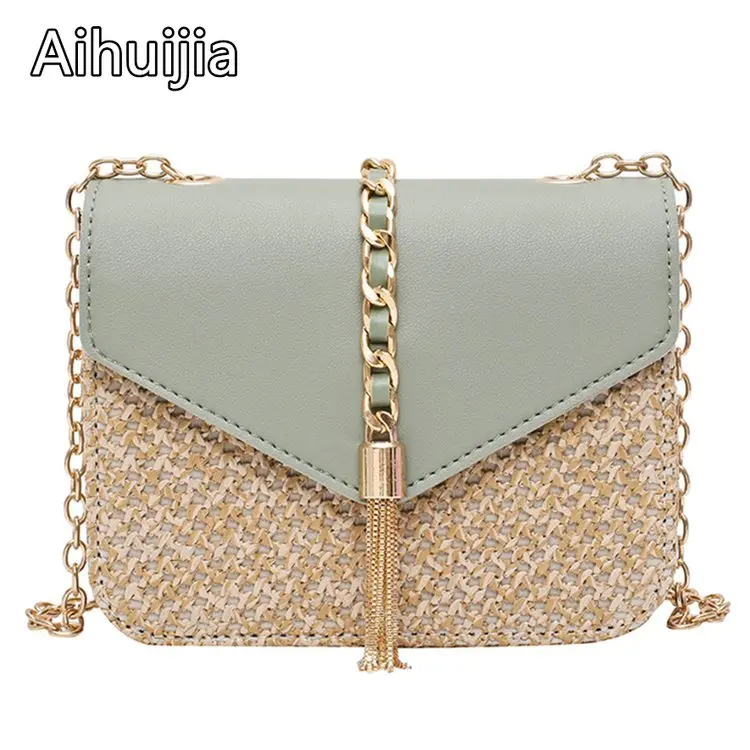 

Fringed Chain Small Flap Bags for Women 2020 Fashion Straw+PU Crossbody Bags Ladies Summer Beach Messenger Shoulder Handbags