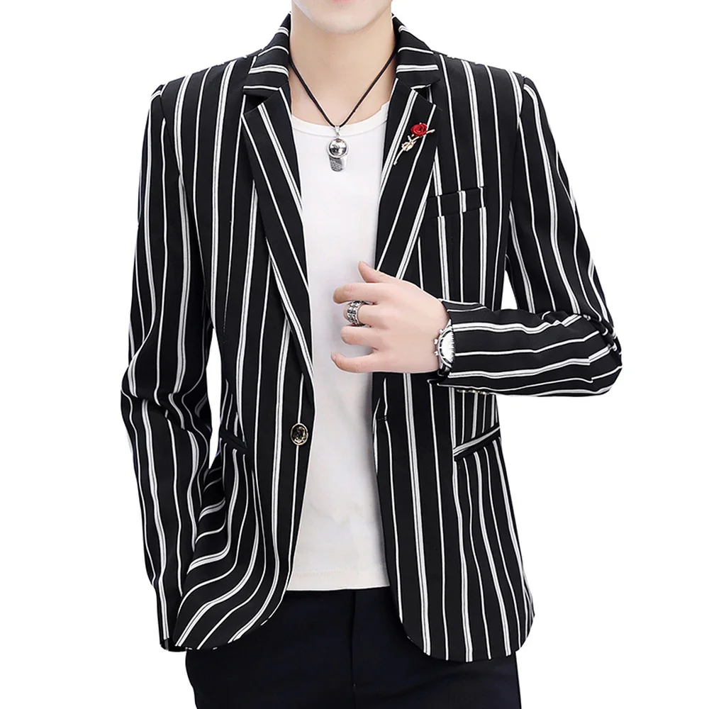 

M.Y.FANTASY 2021 White Blazer Men Striped Blazer Slim Fit Suit Jacket Male Fashion Casual Man Suits Blazers Black Men Leisure Su