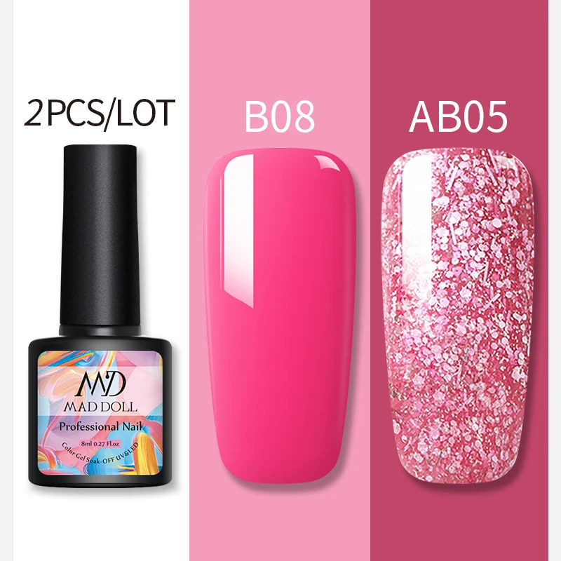 B08AB05 2 бутылки 8 мл MAD DOLL УФ-гель для ногтей чистый цвет и Блестящие Блестки долговечный впитывающий Гель-лак для нейл-арта - Цвет: B08AB05