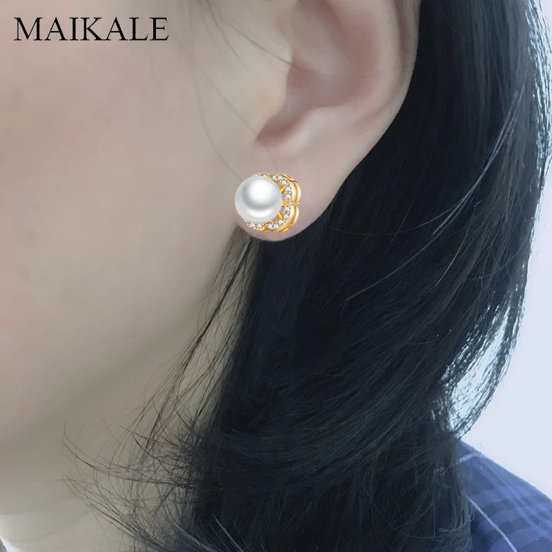 Женские серьги классического дизайна MAIKALE, романтические серьги-гвоздики золотистого цвета с цветком и жемчужиной из фианита, ювелирные изделия для подарка