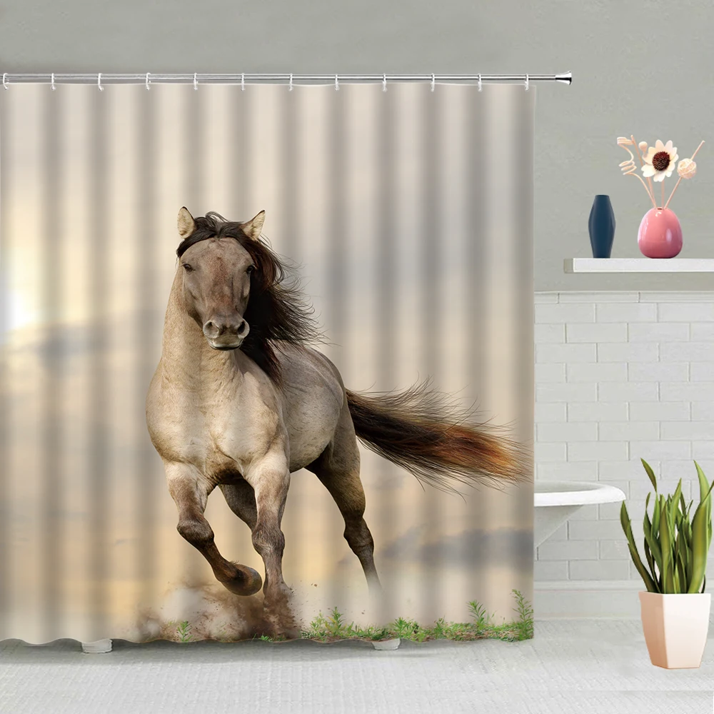 

Running Horse Shower Curtain Grassland Animal Bathroom Accessories Set Wall Hanging Curtains Waterproof Bathtub Screen Decor