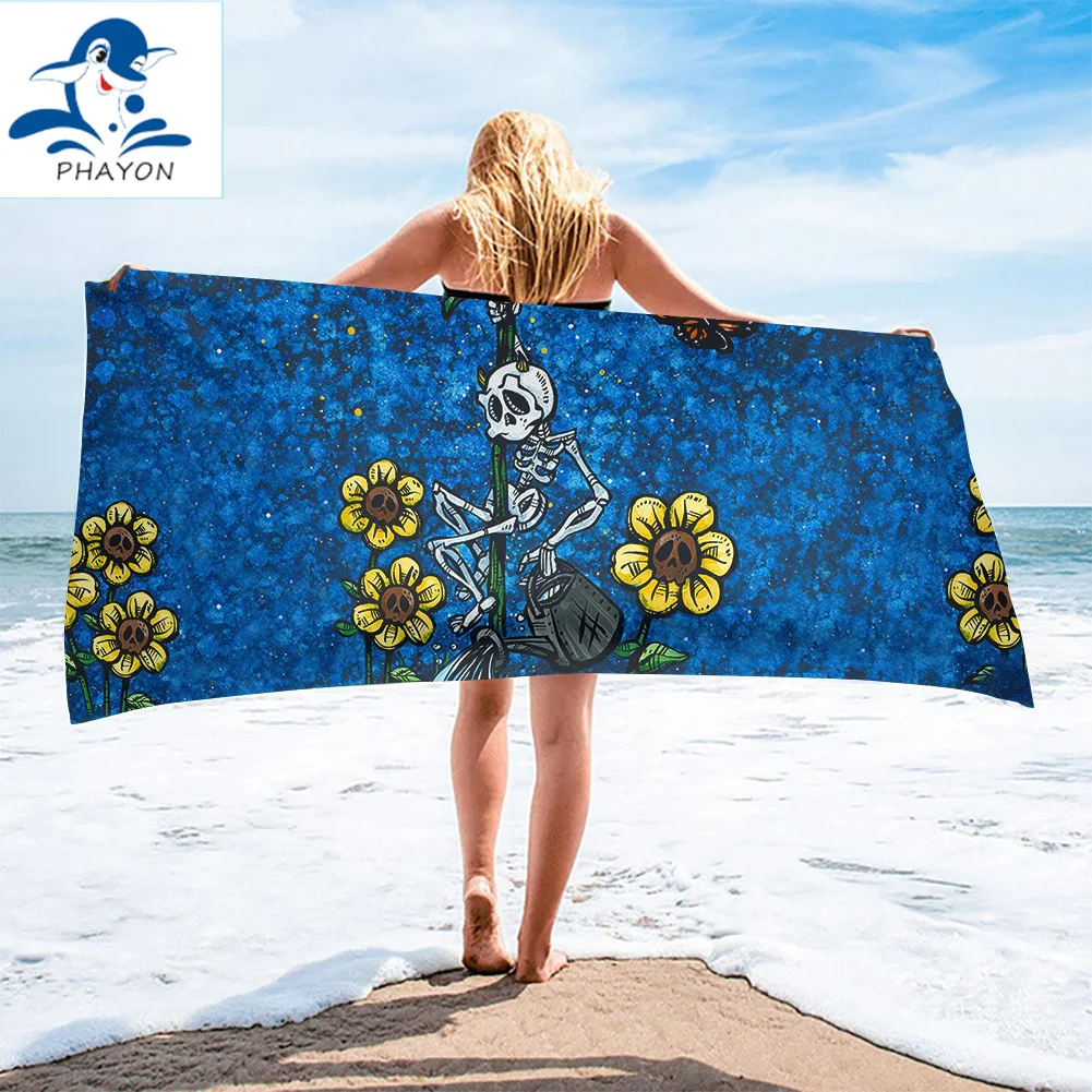 

PHAYON Skeleton Skull Bath Towel Bathroom Sunflowers Microfiber Beach Towel for Adult Flowers Shower Towel 75x150cm Surf Poncho