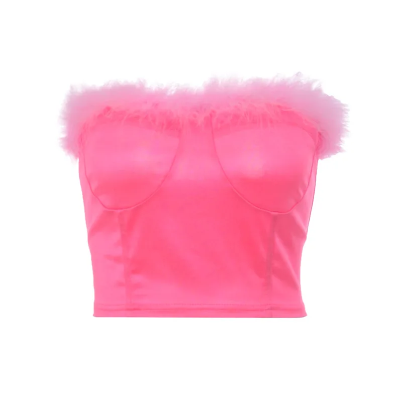 Pink Fur Satin Sexy Tube Crop Top Neon T-shirt 2021 New Spring Party Club Tanks Tshirt Tees Summer Sleeveless Short T Shirt | Женская