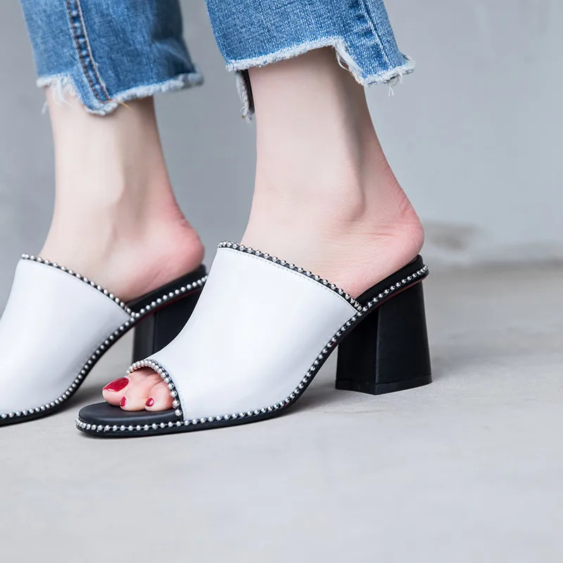 

MORAZORA 2021 newest genuine leather shoes women sandals rivet fashion 7cm high heels sandals summer mules shoes ladies