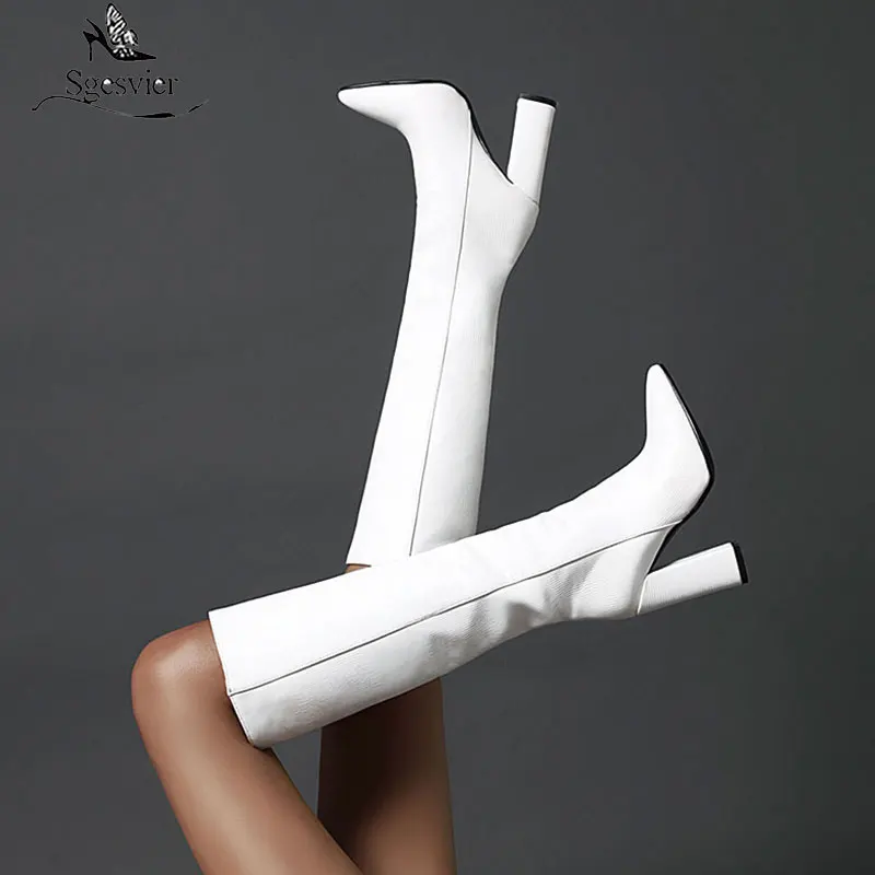 Сапоги женские зимние до колена с острым носком на высоком блочном каблуке 6