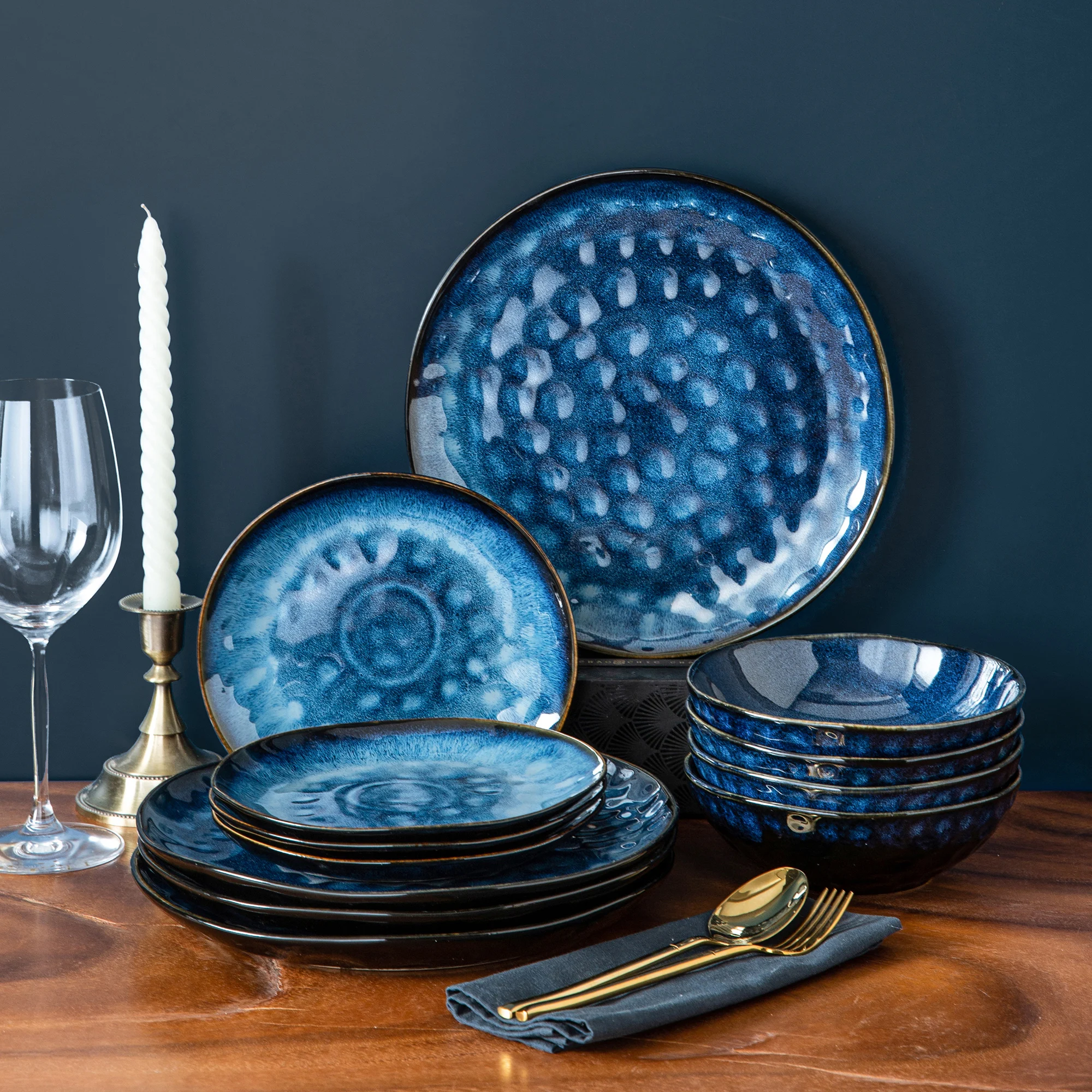 VANCASSO Starry 12/24/36-Piece Dinner Set Vintage Look Ceramic Blue Stoneware Tableware Set with Dinner Plate,Dessert Plate,Bowl