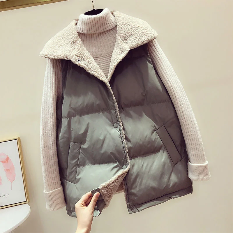 

Spring Autumn Solid Casual Woman Vest Jacket Sleeveless Lambswool Ladies Waistcoat Warm Turn Down Collar Button Vest for Female