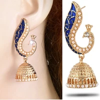 fashionable peacock open screen earrings the color matching of gold and blue makes the skin whiter dinner earrings