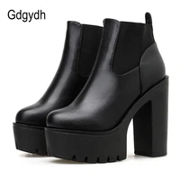 gdgydh new black leather womens boots spring autumn basic solid color ladies high heeled shoes platform square heel model party