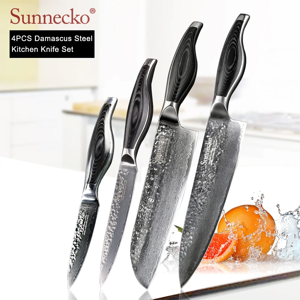 SUNNECKO Premium Chef Utility Paring Santoku Knife Damascus Japanese VG10 Steel Blade Pakka Wood Handle 4pcs Kitchen Knives Set | Дом и сад