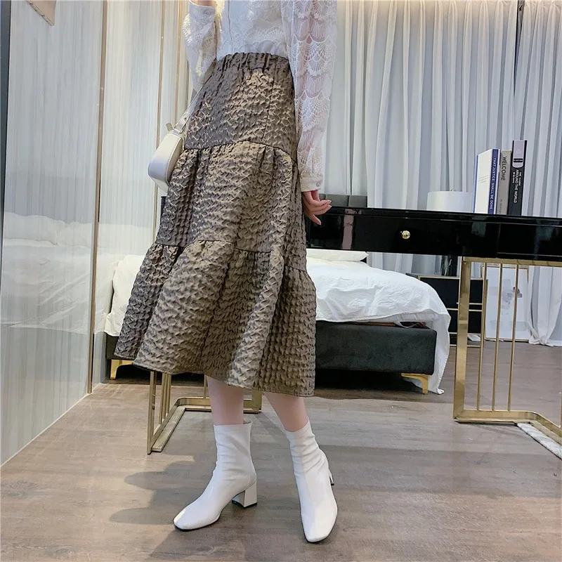 

Skirts Autumn New Solid Color Faldas Mujer Bubble Pattern Skirt Women Side Zipper High Waist Mid Calf A Line