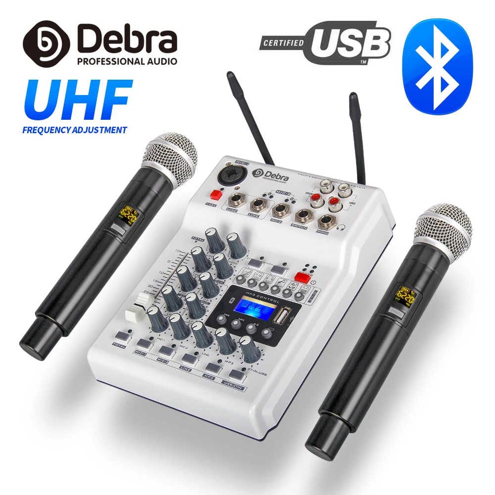 DebraAudio DJ консольный микшер звуковая карта с 2 канала УВЧ беспроводной микрофон для домашнего ПК студия Запись dj-сети Live караоке