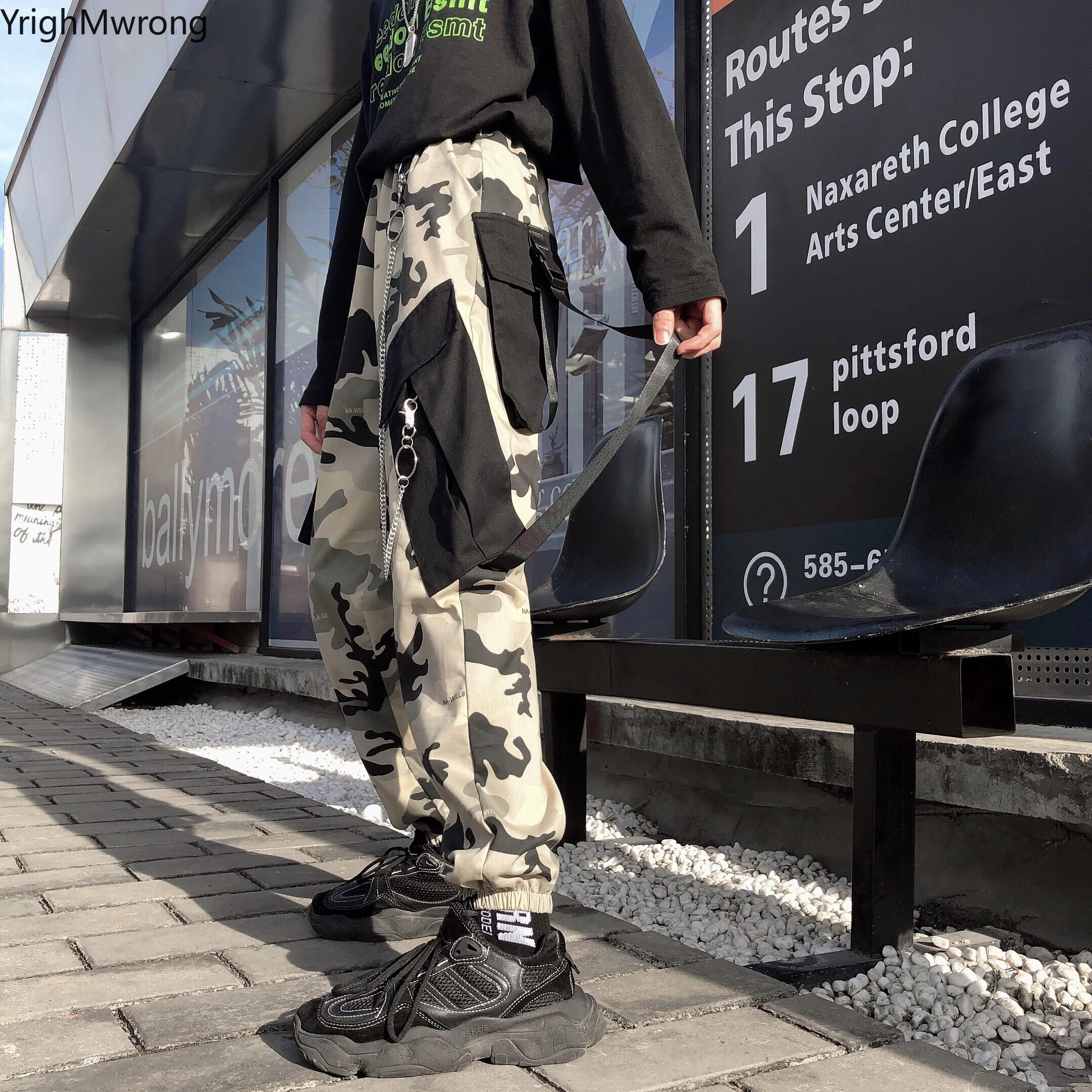 Камуфляжная камуфляжная хаки карго резинка с пряжкой карман Jogger эластичный пояс Уличная Брюки в стиле Харадзюку панк кольцо цепь плюс размер
