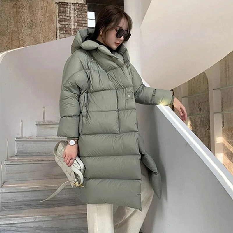 

2021 X-Long 90% White Duck Down Jacket Winter Women Coat Really Natural Fox Fur Collar Hooded Warm Loose Outerwear Streetwear