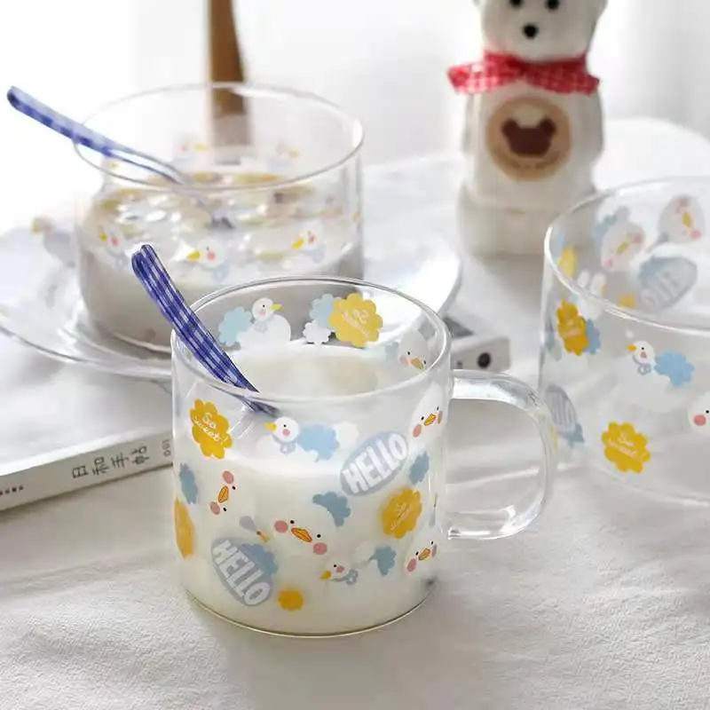 

Cute Duck Glass Nordic Style Breakfast Cereal Fruit Snack Bowl Household Milk Cup Dessert Plate Printing Creative Personality
