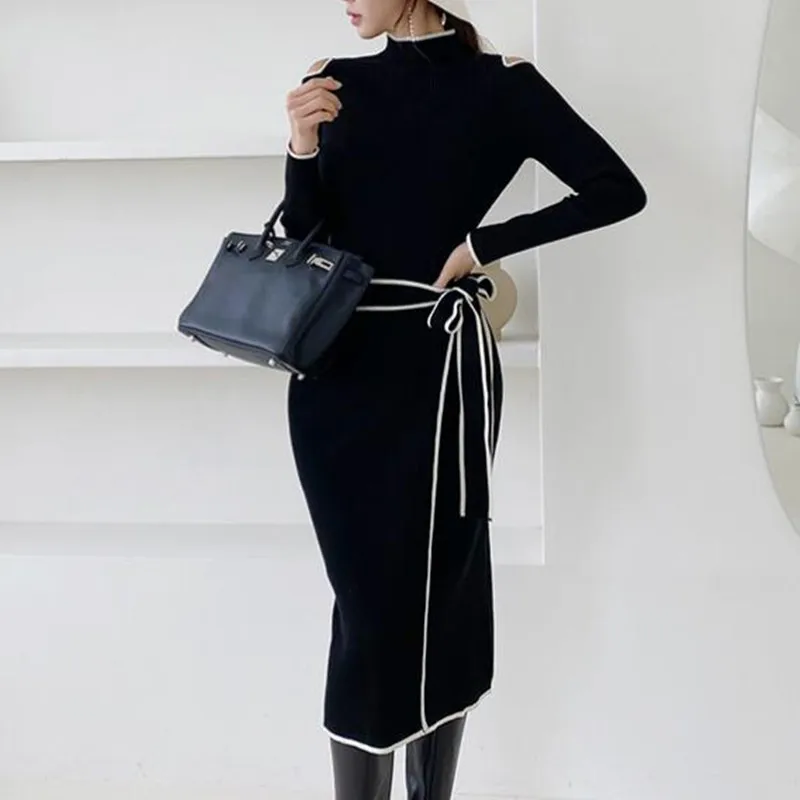 

ZAWFL женское осенне-зимнее однотонное трикотажное платье с высоким воротником элегантное женское длинное утолщенное теплое платье на шнуро...