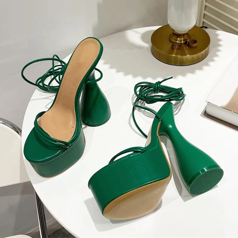 

16CM Green Strange High Heels Platform Chunky Sandals Women 2022 Fashion Open Toe Ankle Lace-Up Party Nightclub Stripper Shoes