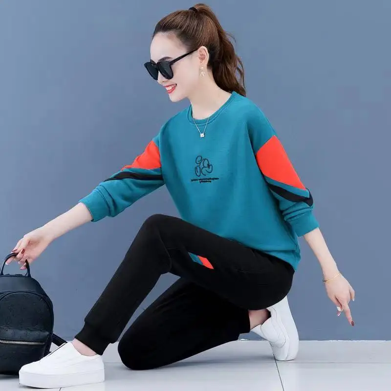 

Женский костюм большого размера из 2 предметов, пуловер с круглым вырезом и длинные брюки, спортивный костюм, домашние костюмы