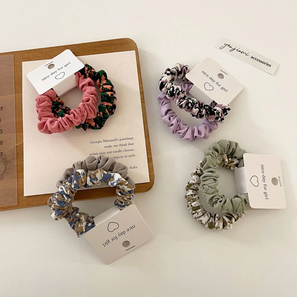 

2pcs/set Vintage Pleated Floral Printed Scrunchie Rubber Bands Women Girls Hair Accessories Ponytail Holder Elastic Hair Ties