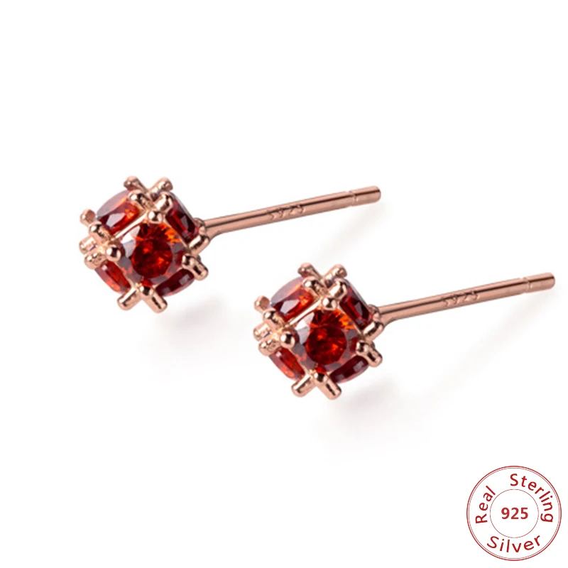 Изысканные 8-ми красные каменный куб серьги-гвоздики цвета розового золота