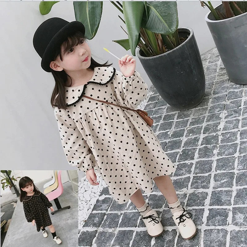 Girls Dress Long Sleeve Spring Dot Printed Princess Cute Cotton Children Casual with Turn-down Collor | Детская одежда и обувь
