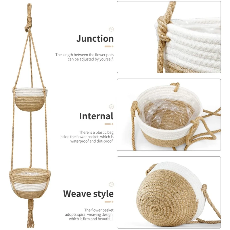 

2 Pack Jute Rope Hanging Planter Woven Plant Basket Indoor Different Tier Modern Storage Organizer Home Decor