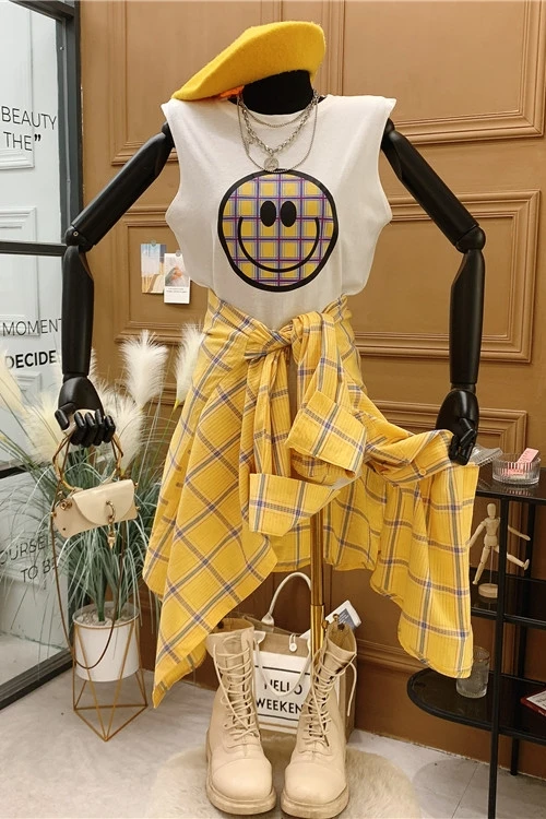

2021 Spring New Korean Style Retro Plaid Long Sleeve Blouse Loose Sleeveless Bottom Smiley Vest Two Pieces Set Top