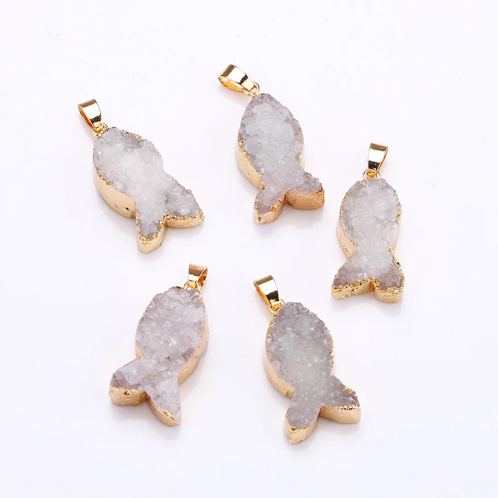 Natural Stone Crystal Bud Necklace Pendant Clustered Fish Alloy Bezel Small Used in Jewelry DIY Accessories | Украшения и