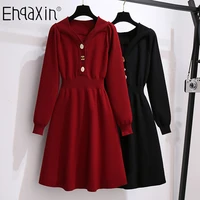ehqaxin 2021 autumn winter womens knitted dresses new v neck thick button all match base long sweater dress for female s 2xl