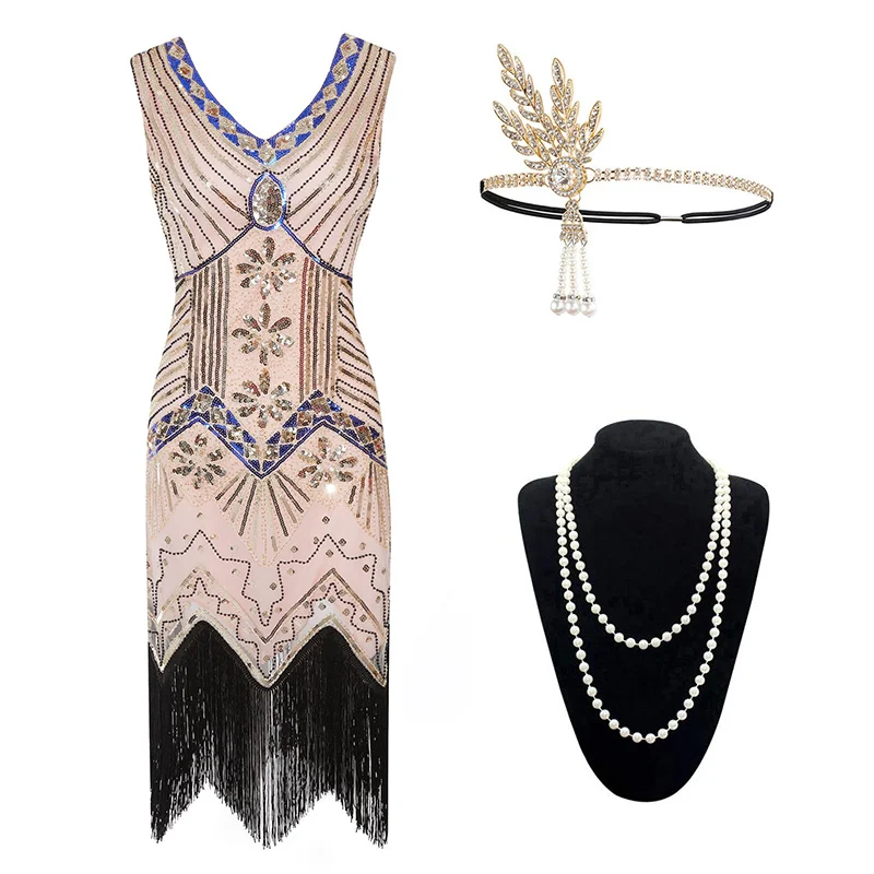 Pink Set Винтажное женское платье 1920s Gastby со сплошным расшитым блестками Сетчатое платье в стиле модерн украшенное бахромой платье размера плюс черный/зеленый/белый/золотой - Цвет: Pink Set