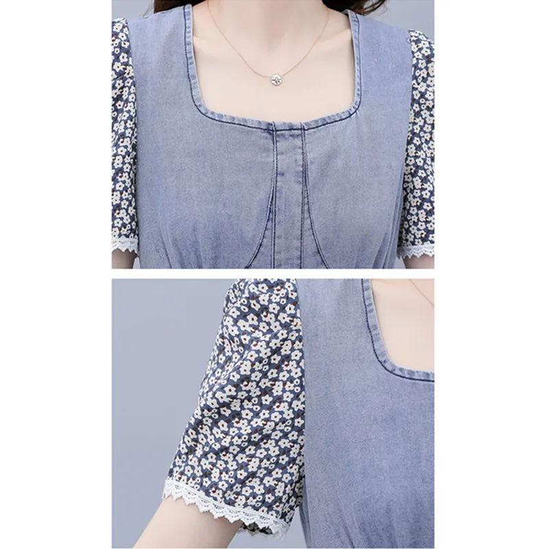 

Summer Women Square Collar Print Short Puff Sleeve Patchwork Jeans Dresses For Females Collect Waist Slim Denim Vestidos S134