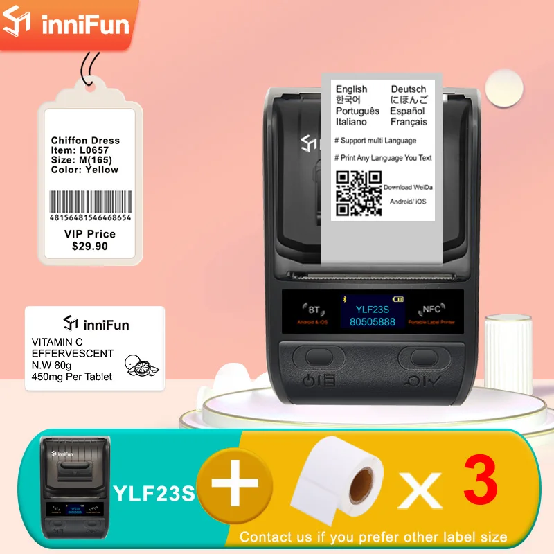Innifun Thermal Printer and 3Rolls Blank Label Barcode Sticker Maker Wireless Bluetooth Android iOS