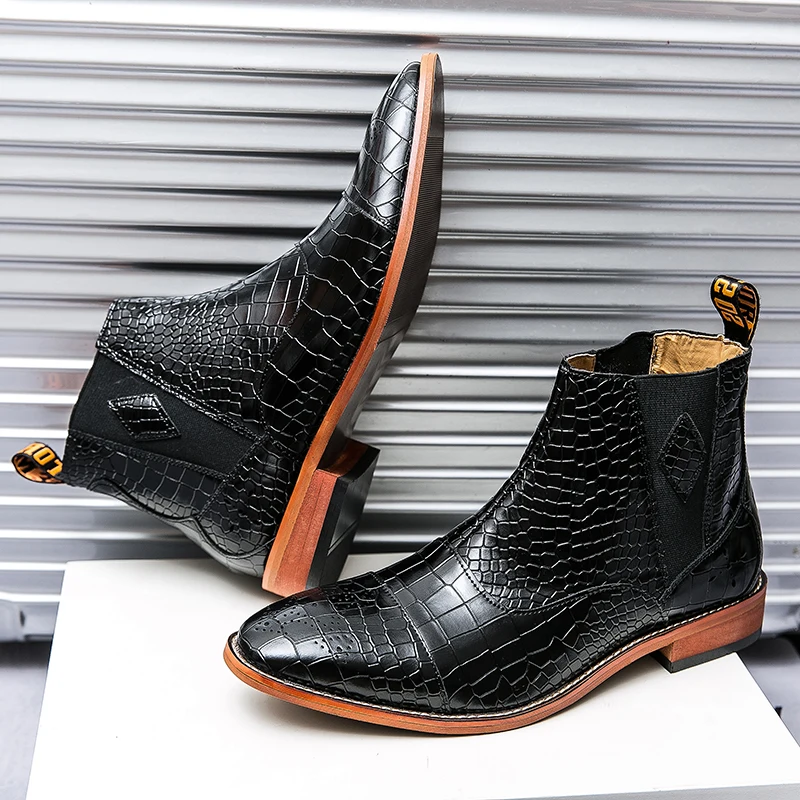 

Misalwa Italian Men Chelsea Boots PU Leather Pointed Toe British Crocodile Pattern Blue Black Formal Mens Boots Oxford Fashion