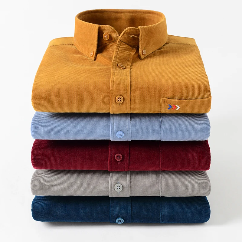 

New Arrival Quality Warm Easy Care Regular Fit Simple Business Men Casual Shirts Cotton Corduroy Long Sleeve Button Collar