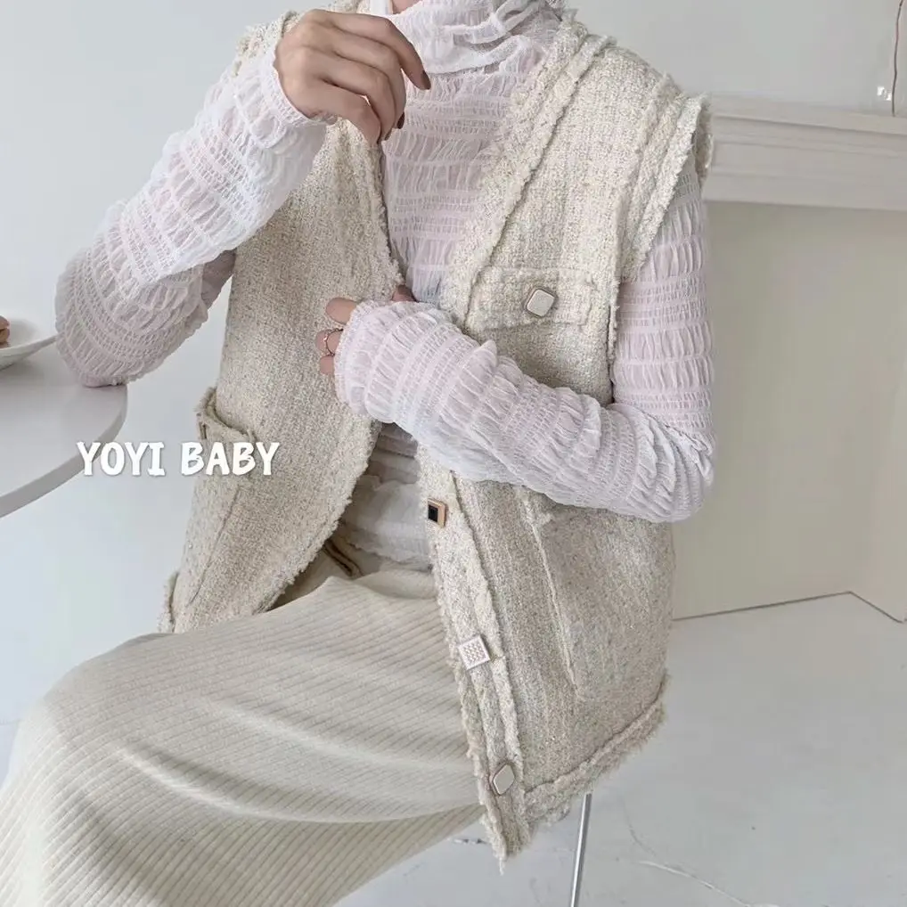 

Small sweet wind vest pearl burrs brim tweed coat