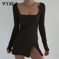 wyblz elegant square neck mini dress female knitted ribbed side split bodycon womens dress 2021 long sleeve fashion dresses