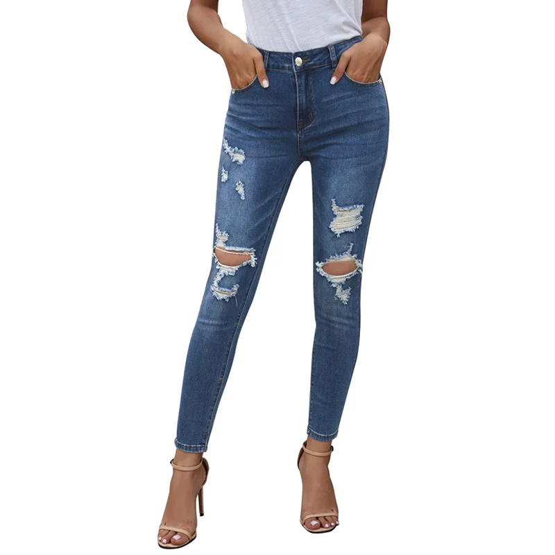 

Jeans women Europe and the United States 2021 summer new street style worn holes high waist women's nine-point pants
